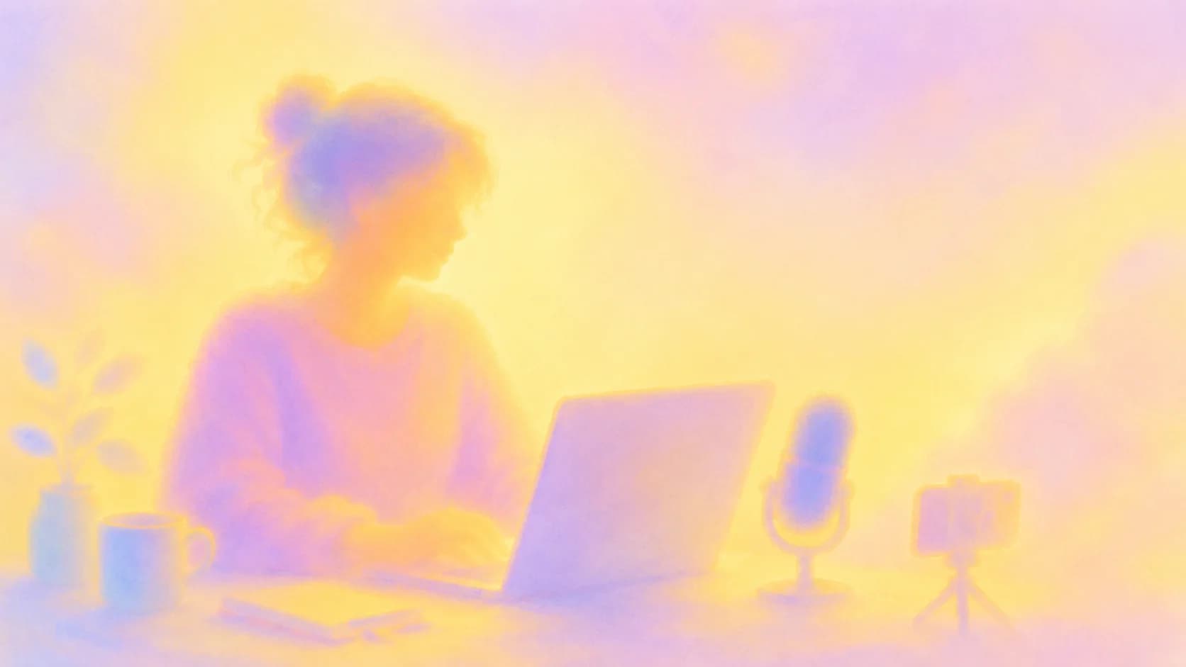 Watercolour illustration of a creator filming at a desk with a laptop and microphone