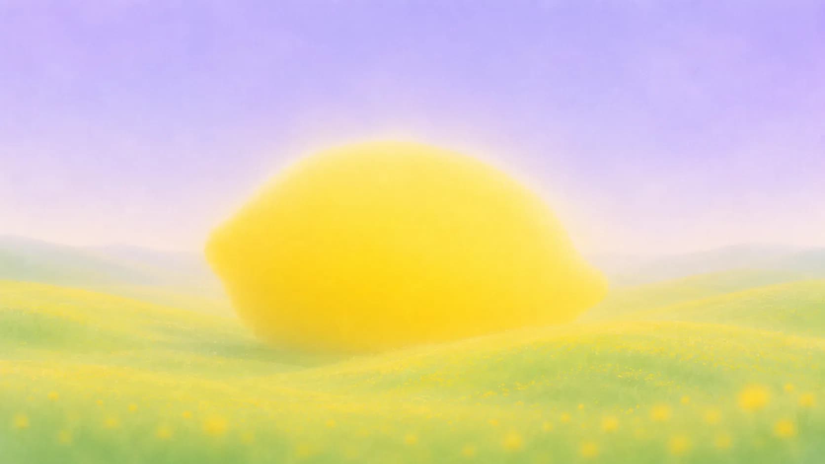 A giant soft lemon glowing in a pastel meadow