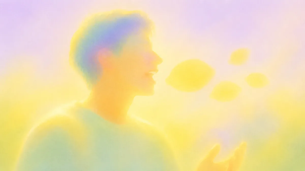 Watercolour illustration of a person speaking, lemons floating from their voice
